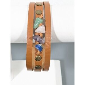 Beachy Boho Purple Green Stone Brown Faux Leather stud Snap Cuff Bracelet 7.5 in